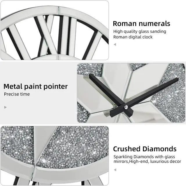 Alt view image 5 of 7 - Luxury Round  Wall Crushed Diamond Clock Large Silver Mirrored  Roman Numera Clock