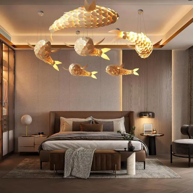 Alt view image 3 of 7 - Large Handwoven Fish-Shaped Pendant Lighting Rustic Dining Room Wood Ceiling Chandelier