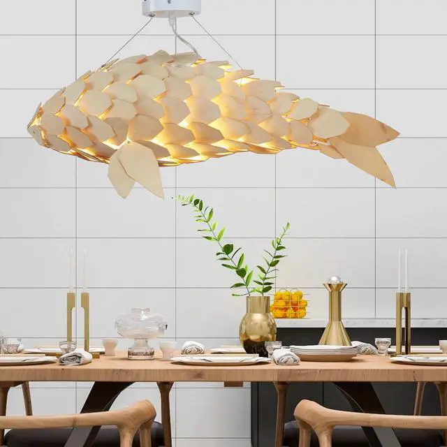 Alt view image 5 of 7 - Large Handwoven Fish-Shaped Pendant Lighting Rustic Dining Room Wood Ceiling Chandelier