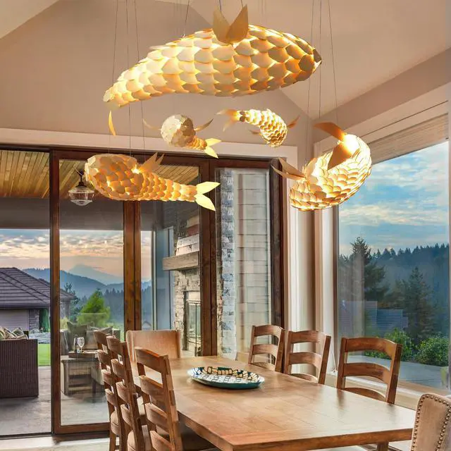 Alt view image 2 of 7 - Large Handwoven Fish-Shaped Pendant Lighting Rustic Dining Room Wood Ceiling Chandelier