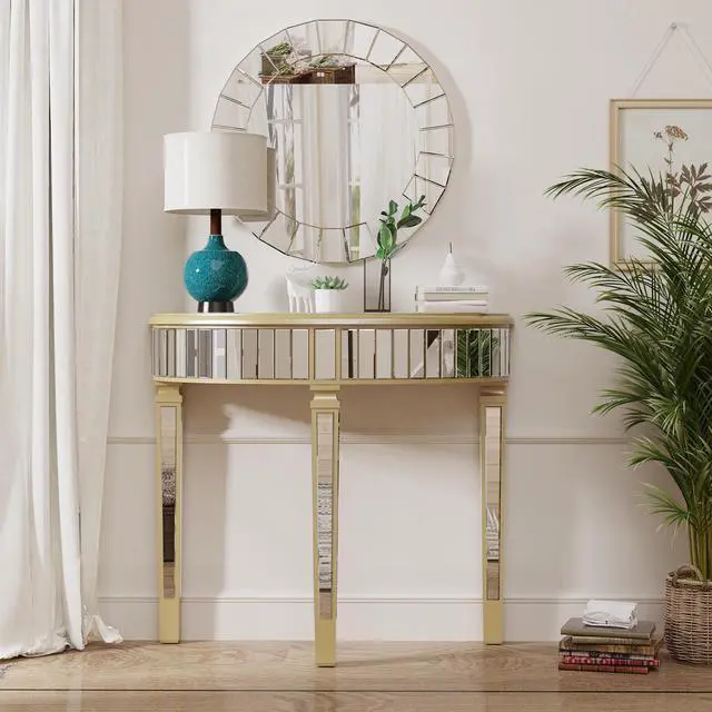 Alt view image 2 of 7 - 3 Legged Silver Mirrored Console Table With Champagne Edge Modern Vanity Make up Table