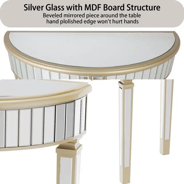 Alt view image 6 of 7 - 3 Legged Silver Mirrored Console Table With Champagne Edge Modern Vanity Make up Table