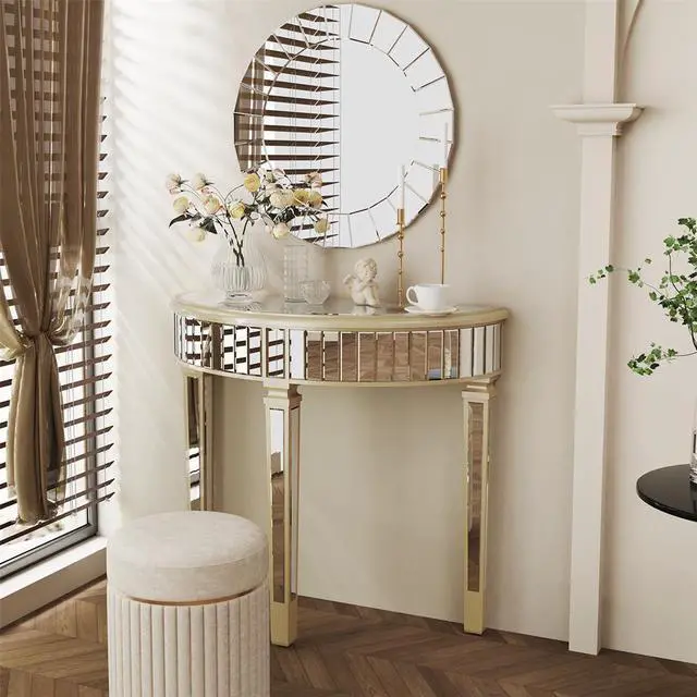 Alt view image 4 of 7 - 3 Legged Silver Mirrored Console Table With Champagne Edge Modern Vanity Make up Table