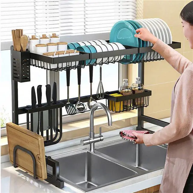 Alt view image 2 of 7 - Adjustable Over Sink Dish Drainer Drying Rack Stainless Steel  Kitchen Utensils Holder