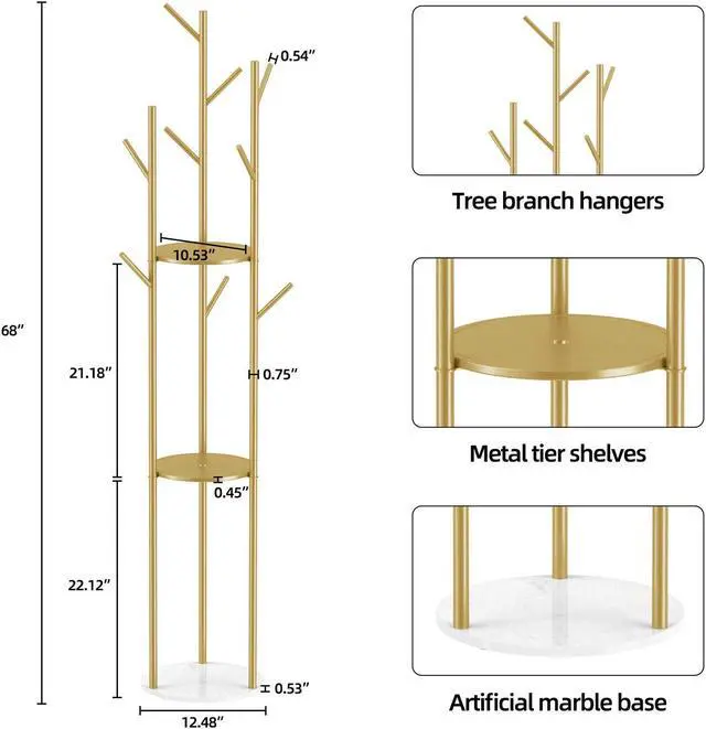 Alt view image 7 of 7 - Marble Coat Rack Hat Clothes Stand Gold Strong Hook Tree Metal Organizer w/ Shelf Storage