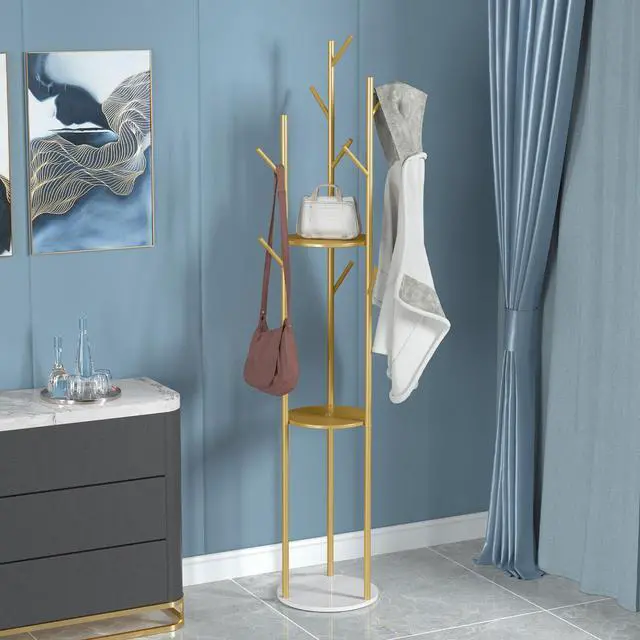Alt view image 2 of 7 - Marble Coat Rack Hat Clothes Stand Gold Strong Hook Tree Metal Organizer w/ Shelf Storage