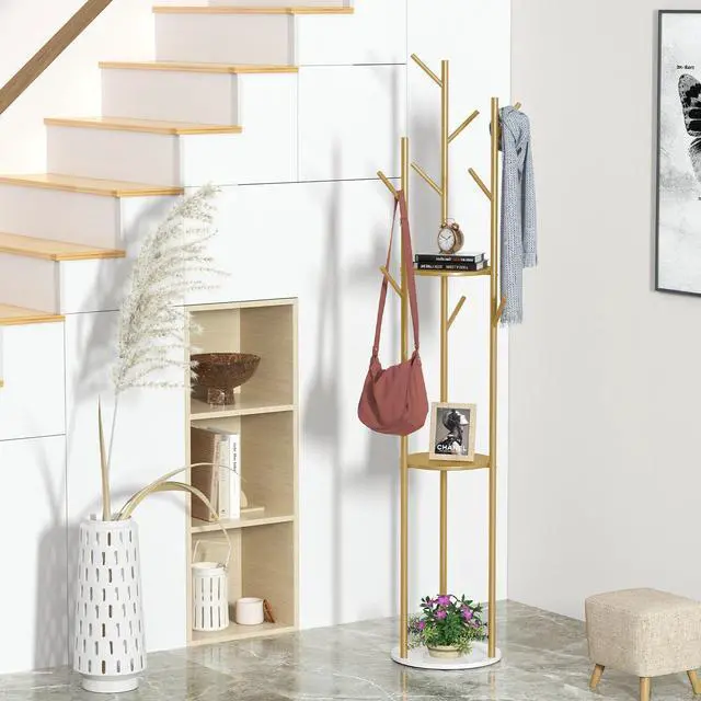Alt view image 4 of 7 - Marble Coat Rack Hat Clothes Stand Gold Strong Hook Tree Metal Organizer w/ Shelf Storage