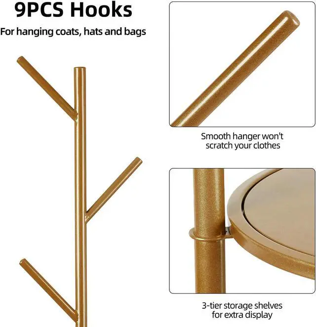 Alt view image 5 of 7 - Marble Coat Rack Hat Clothes Stand Gold Strong Hook Tree Metal Organizer w/ Shelf Storage