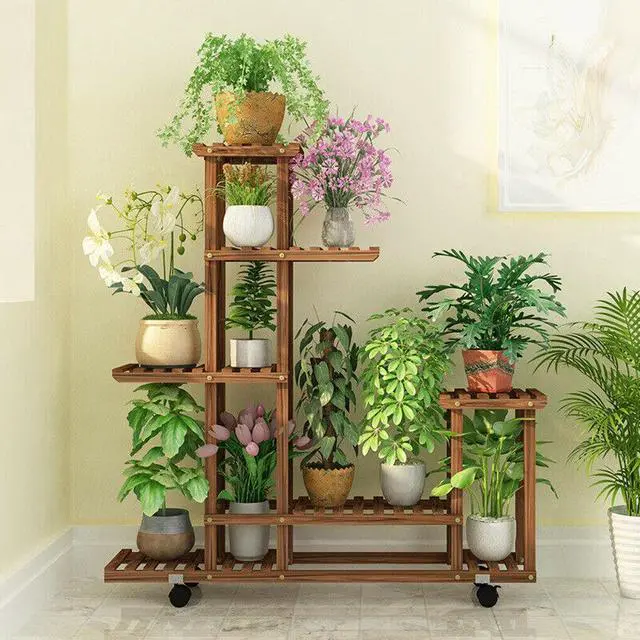 Alt view image 2 of 7 - Wood Removable Plant Stand Indoor Outdoor Multi Tiered Corner Plant Shelf w/ Wheels