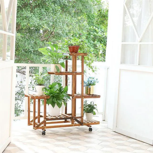 Alt view image 3 of 7 - Wood Removable Plant Stand Indoor Outdoor Multi Tiered Corner Plant Shelf w/ Wheels
