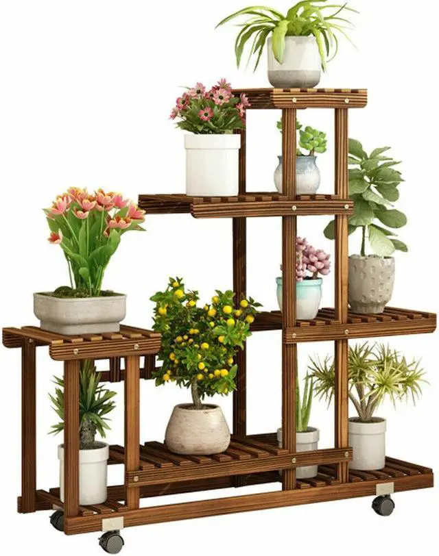 Alt view image 4 of 7 - Wood Removable Plant Stand Indoor Outdoor Multi Tiered Corner Plant Shelf w/ Wheels