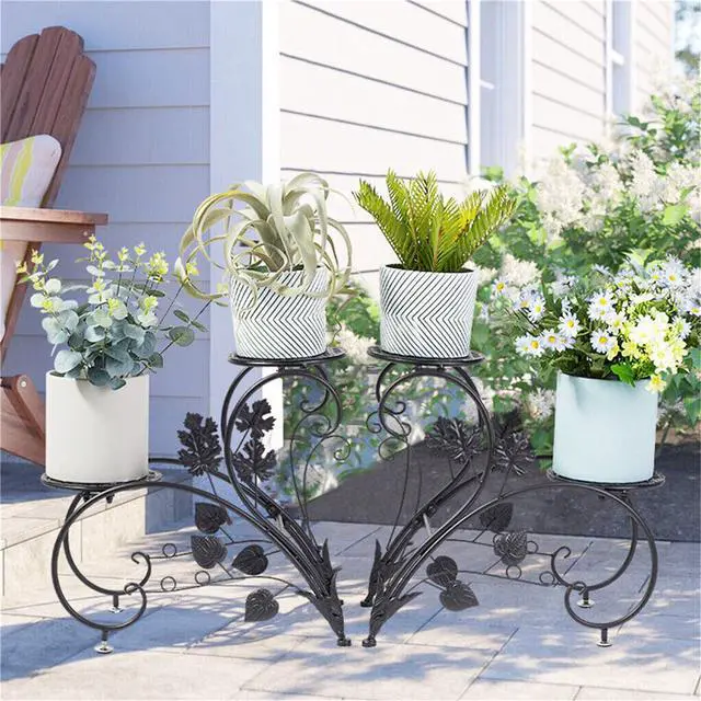 Alt view image 3 of 7 - 4 Tier Black Metal Plant Stand Multiple Flower Pot Holder Shelves Display Garden Indoor Outdoor
