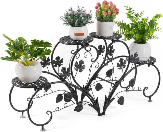 Alt view image 5 of 7 - 4 Tier Black Metal Plant Stand Multiple Flower Pot Holder Shelves Display Garden Indoor Outdoor