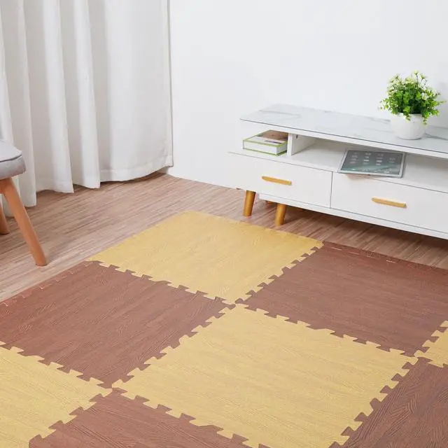 Alt view image 3 of 7 - 12 Tile Thick Wood Grain Floor Mats Foam Interlocking Flooring Mats Tile Brown Yellow