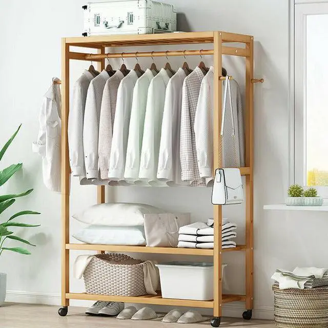 Alt view image 3 of 7 - Strong Freestanding Bamboo Clothes Rail Shelf Rolling Garment Closet Organizer Stand