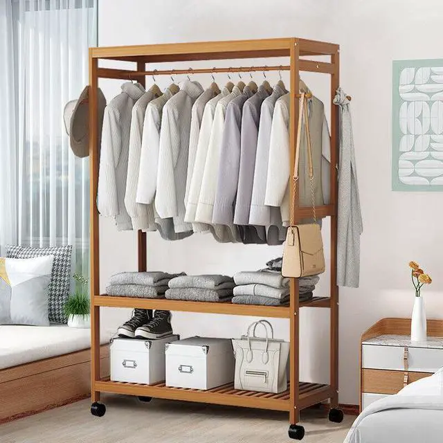 Alt view image 5 of 7 - Strong Freestanding Bamboo Clothes Rail Shelf Rolling Garment Closet Organizer Stand
