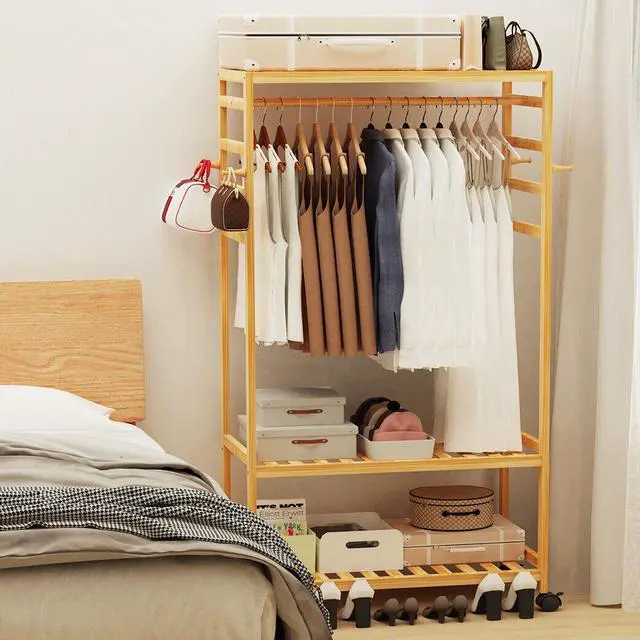 Alt view image 2 of 7 - Strong Freestanding Bamboo Clothes Rail Shelf Rolling Garment Closet Organizer Stand