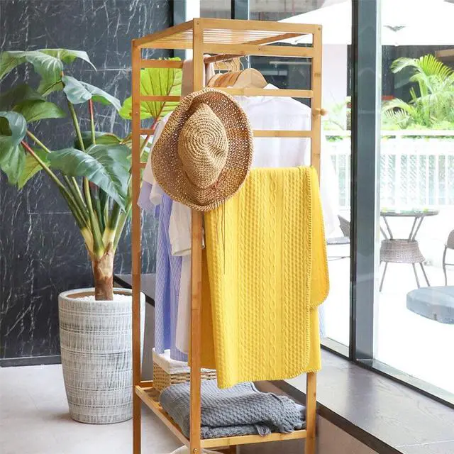 Alt view image 4 of 7 - Strong Freestanding Bamboo Clothes Rail Shelf Rolling Garment Closet Organizer Stand