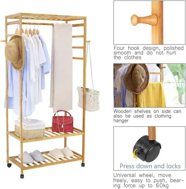 Alt view image 6 of 7 - Strong Freestanding Bamboo Clothes Rail Shelf Rolling Garment Closet Organizer Stand