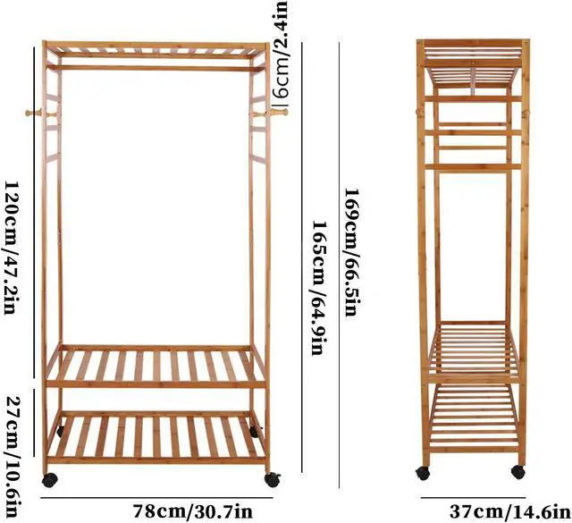 Alt view image 7 of 7 - Strong Freestanding Bamboo Clothes Rail Shelf Rolling Garment Closet Organizer Stand