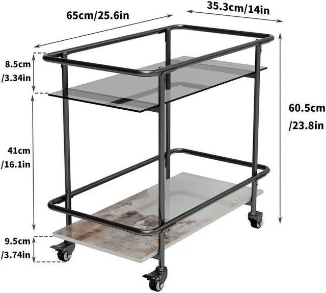 Alt view image 7 of 7 - 2 Tier Marble & Glass Drinks  Rolling Trolley Utility Serving  Cart Cocktail Table