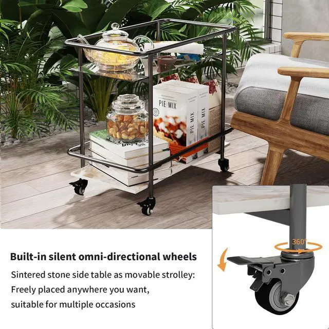 Alt view image 4 of 7 - 2 Tier Marble & Glass Drinks  Rolling Trolley Utility Serving  Cart Cocktail Table