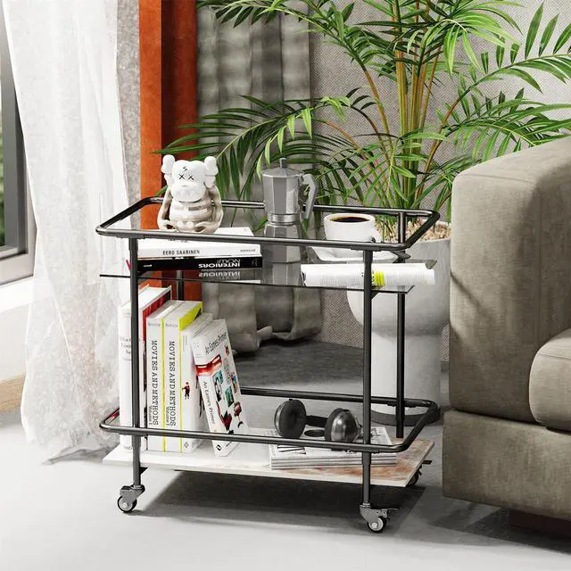 Alt view image 2 of 7 - 2 Tier Marble & Glass Drinks  Rolling Trolley Utility Serving  Cart Cocktail Table