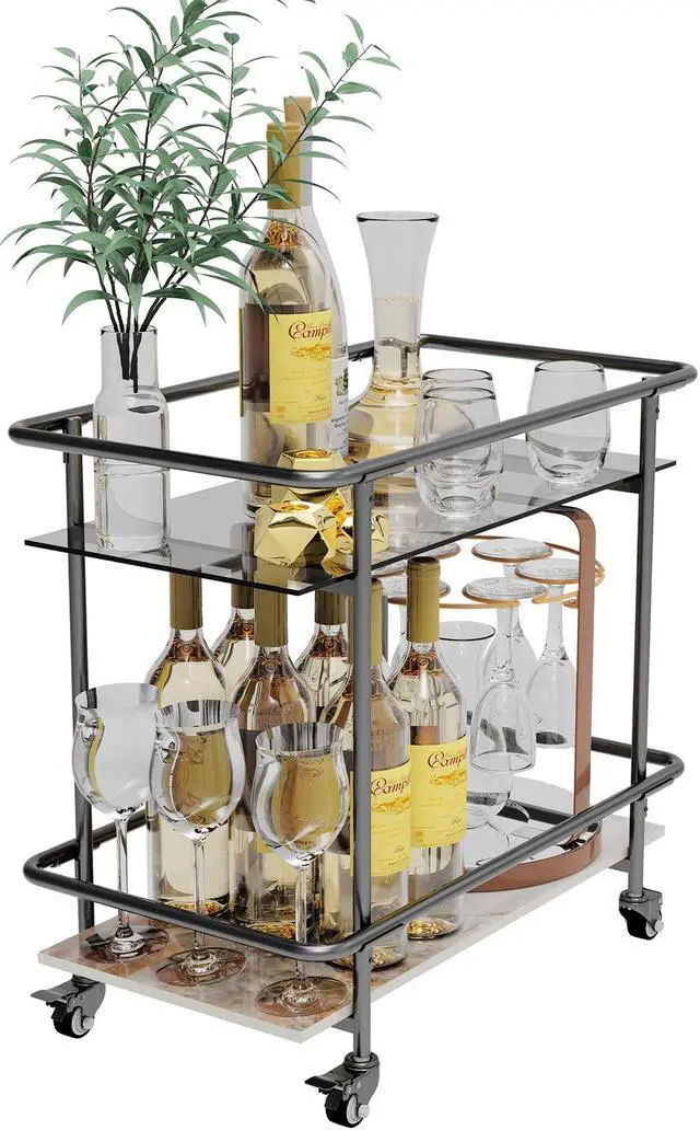 Alt view image 5 of 7 - 2 Tier Marble & Glass Drinks  Rolling Trolley Utility Serving  Cart Cocktail Table