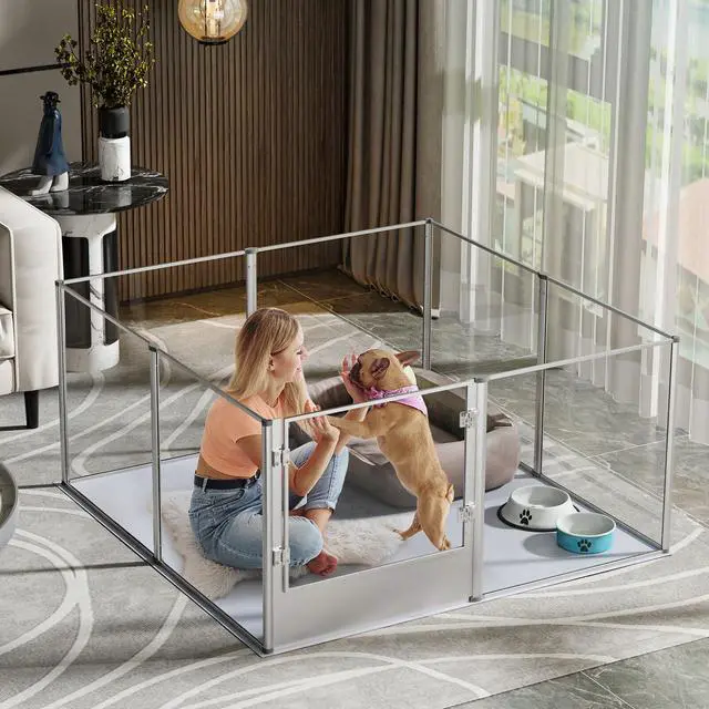 Alt view image 3 of 7 - XXL 3 in1 Foldable Crystal Clear Acrylic Dog Whelping Playpen Box Pet Birth Kennel w Waterproof Mat