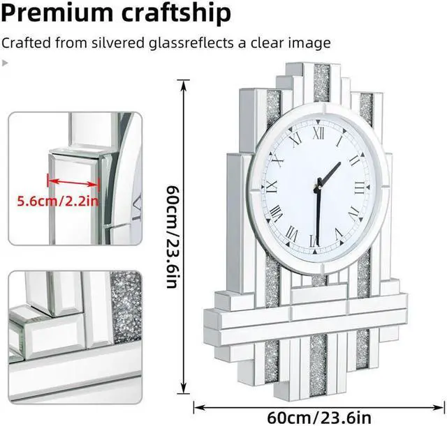 Alt view image 7 of 7 - Large Modern Crushed Diamond Silver Mirrored Crystal Clock Vintage wall Clock
