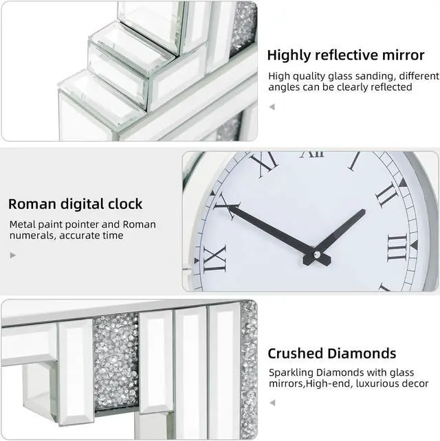 Alt view image 6 of 7 - Large Modern Crushed Diamond Silver Mirrored Crystal Clock Vintage wall Clock