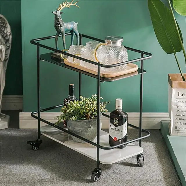 Alt view image 3 of 7 - 2 Tier Marble & Glass Drinks  Rolling Trolley Utility Serving  Cart Cocktail Table