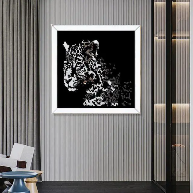 Alt view image 2 of 7 - 3D Diamond Leopard Pattern Wall Art Crystal Mirror Glass Hanging Mirror Art Painting Decor 40 cm