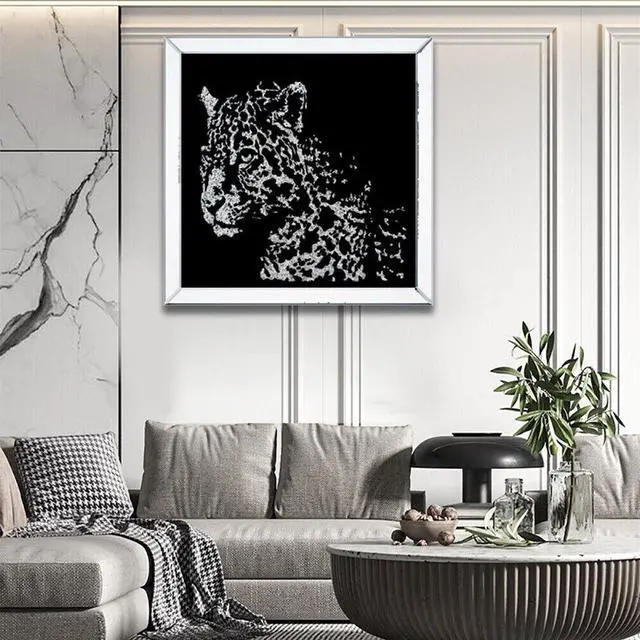 Alt view image 4 of 7 - 3D Diamond Leopard Pattern Wall Art Crystal Mirror Glass Hanging Mirror Art Painting Decor 40 cm
