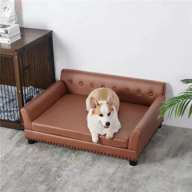 Alt view image 2 of 7 - Luxury Tech Leather Pet Sofa Waterproof  Dog Lounge Bed with Removable Cushion Easy To Clean
