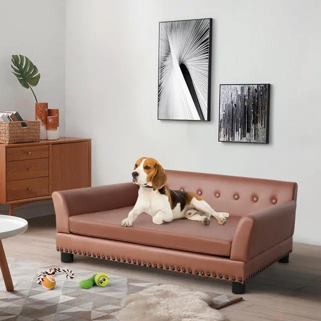 Alt view image 3 of 7 - Luxury Tech Leather Pet Sofa Waterproof  Dog Lounge Bed with Removable Cushion Easy To Clean