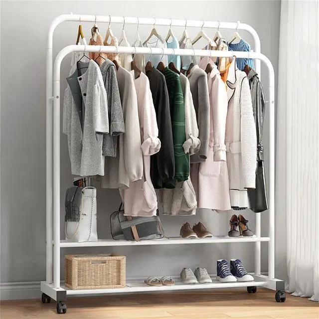 Alt view image 2 of 7 - Dual Rail large capacity metal coat rack Double Garment Rack White Clothing Hanger Stand w/ 2 Tier Shelf for Bedroom