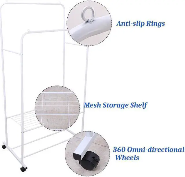 Alt view image 4 of 7 - Dual Rail large capacity metal coat rack Double Garment Rack White Clothing Hanger Stand w/ 2 Tier Shelf for Bedroom