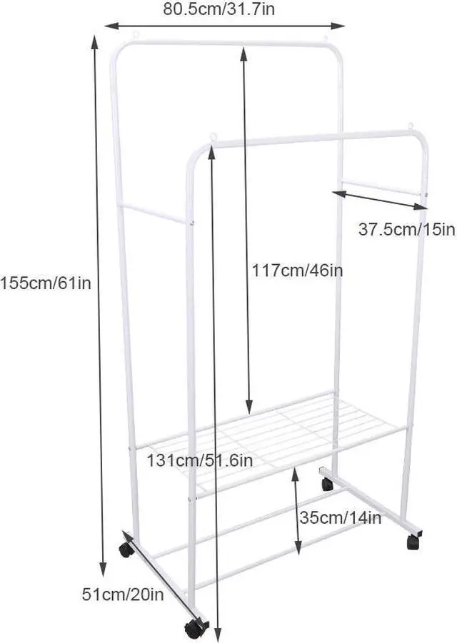 Alt view image 7 of 7 - Dual Rail large capacity metal coat rack Double Garment Rack White Clothing Hanger Stand w/ 2 Tier Shelf for Bedroom