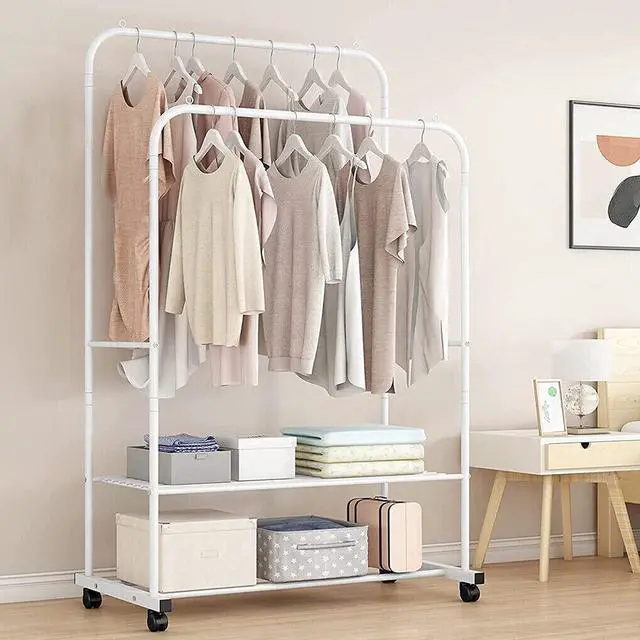 Alt view image 3 of 7 - Dual Rail large capacity metal coat rack Double Garment Rack White Clothing Hanger Stand w/ 2 Tier Shelf for Bedroom