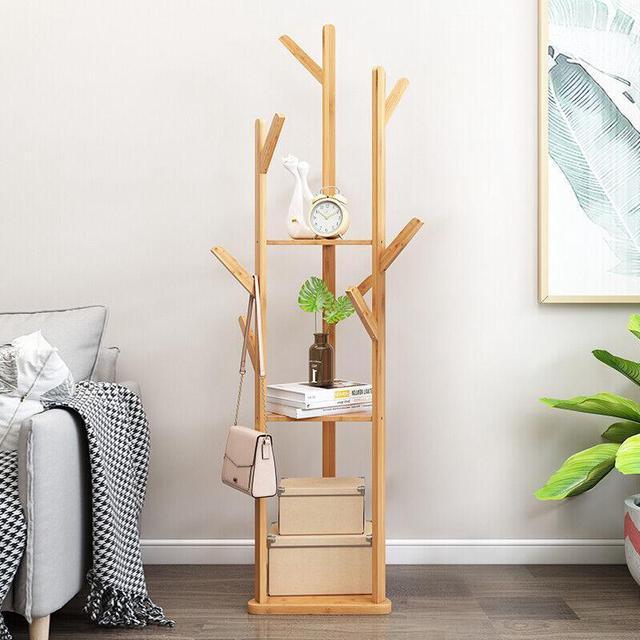 Alt view image 3 of 7 - Heavy Duty Corner Clothes Hanger Wooden Coat Rack Tree-Shaped Coat Stand for Hallway Bedroom Entryway