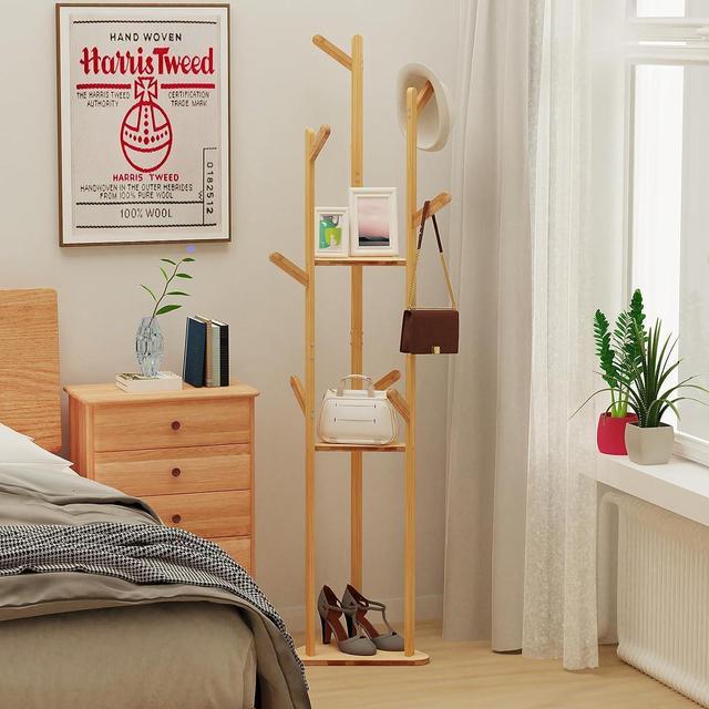 Alt view image 2 of 7 - Heavy Duty Corner Clothes Hanger Wooden Coat Rack Tree-Shaped Coat Stand for Hallway Bedroom Entryway