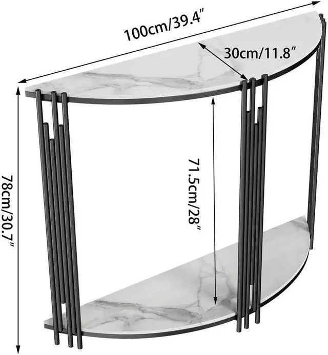 Alt view image 7 of 7 - 2-Tier Strong Marble Crescent Console Table White Sintered Stone-top Semi-Circle Entrance Hall Table