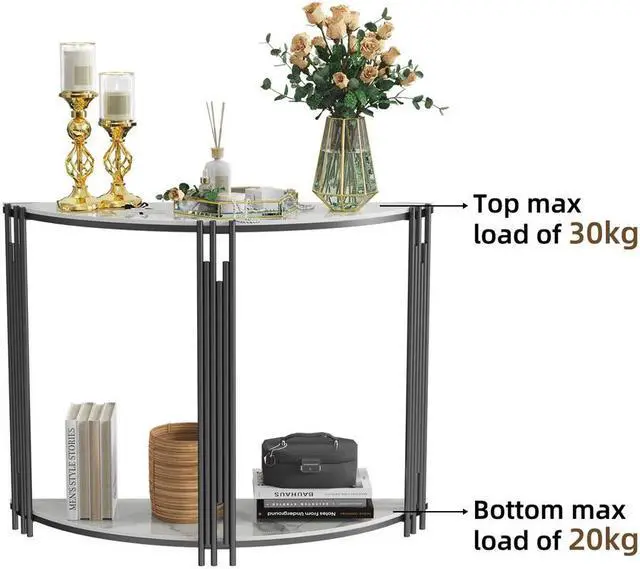 Alt view image 6 of 7 - 2-Tier Strong Marble Crescent Console Table White Sintered Stone-top Semi-Circle Entrance Hall Table