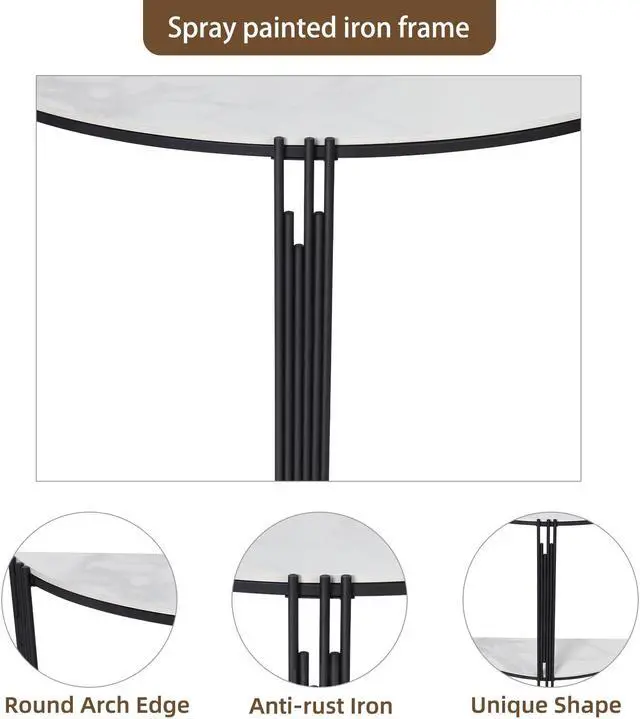 Alt view image 5 of 7 - 2-Tier Strong Marble Crescent Console Table White Sintered Stone-top Semi-Circle Entrance Hall Table