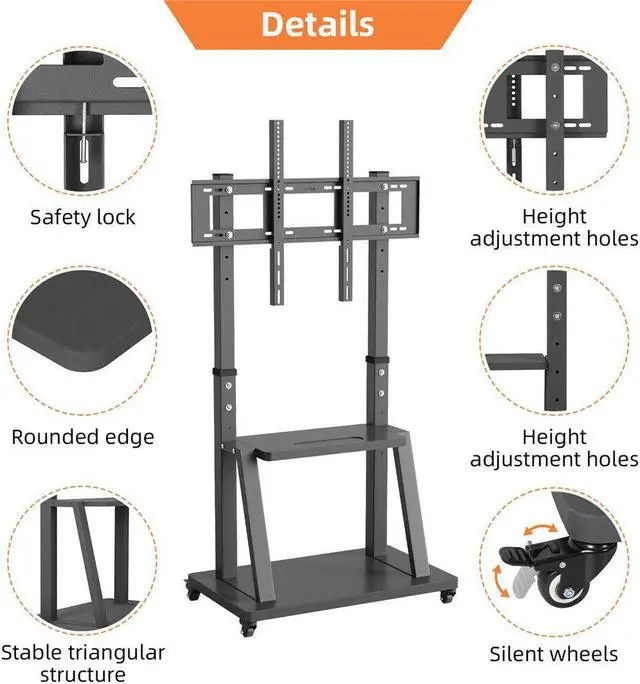 Alt view image 6 of 7 - XXL Large Mobile TV Stand Mount Universal Flat Screen Rolling TV Cart for 32-100 inch LED LCD OLED Screens Height Adjustable Ultra Stable TV Trolley with 2 Tier Storage Shelves