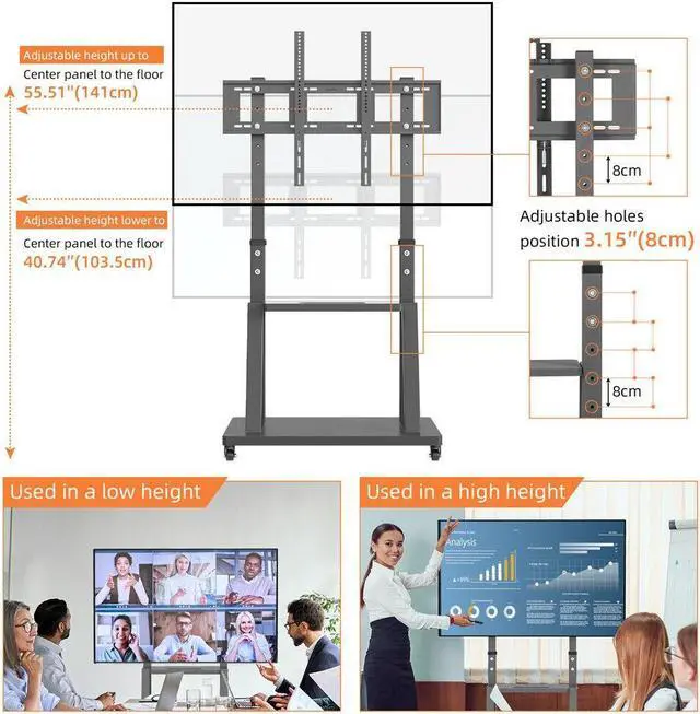 Alt view image 5 of 7 - XXL Large Mobile TV Stand Mount Universal Flat Screen Rolling TV Cart for 32-100 inch LED LCD OLED Screens Height Adjustable Ultra Stable TV Trolley with 2 Tier Storage Shelves