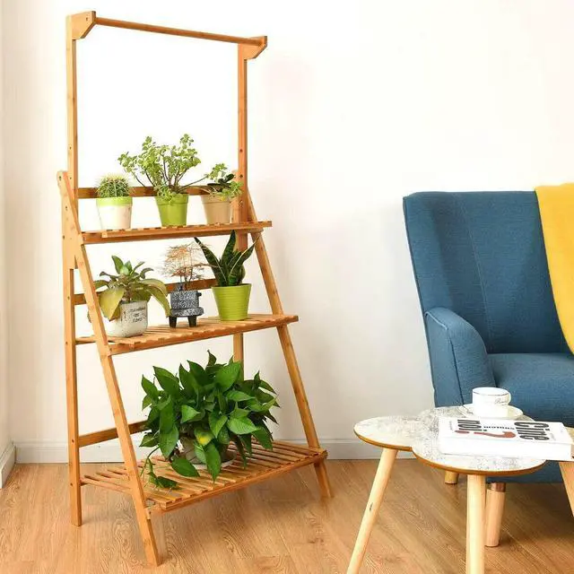 Alt view image 2 of 7 - Natural Bamboo Plant Hanging Stand 3-Tier Wooden Flowers Rack Garden Plant Stairs Balcony  Shelf Deco Storage Shelf
