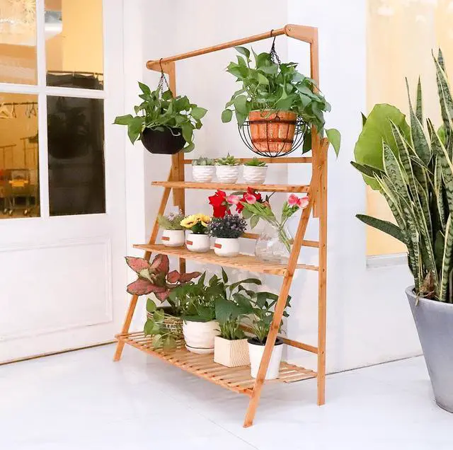 Main image of Natural Bamboo Plant Hanging Stand 3-Tier Wooden Flowers Rack Garden Plant Stairs Balcony  Shelf Deco Storage Shelf
