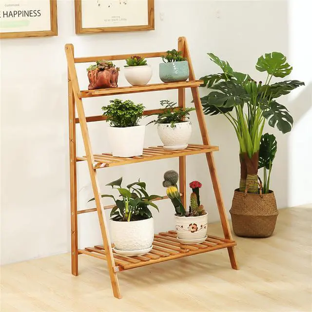 Alt view image 3 of 7 - Natural Bamboo Plant Hanging Stand 3-Tier Wooden Flowers Rack Garden Plant Stairs Balcony  Shelf Deco Storage Shelf